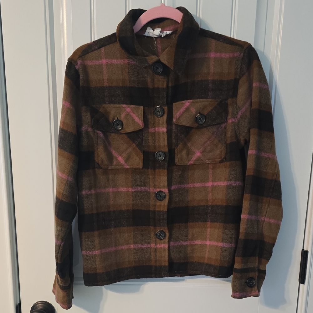 BB Dakota Steve Madden Womens Brown And Pink Plaid Button Up Shacket Small